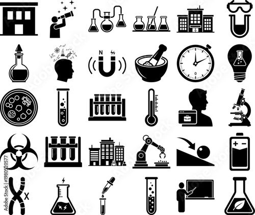Collection of science and laboratory icons including equipment and symbols