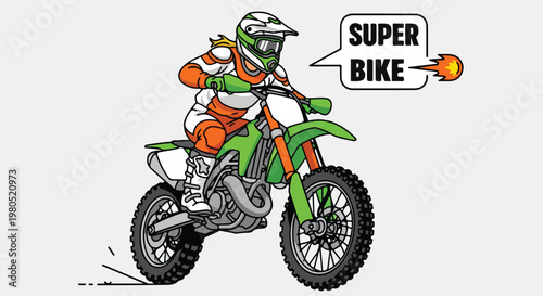 Motocross rider on green super bike vector, dirt bike racer in orange and white gear, professional motorcycle athlete with speech bubble