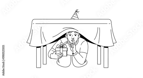 Person Hiding Under Table With Gift Secret Surprise Celebration Illustration Vector Design Element
