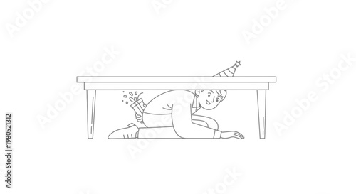 Surprise Party Illustration with Man Hiding Under Table with Gift Box Vector Graphic Design