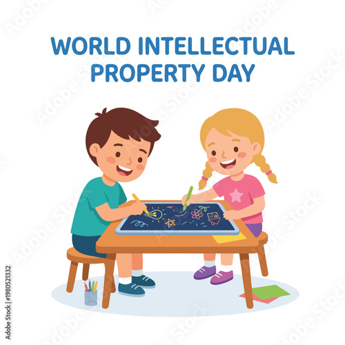 vector 2 children celebrating "World Intellectual Property Day" 13