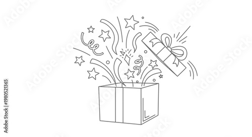 Surprise Opening Gift Box with Stars and Confetti Celebration Vector Illustration