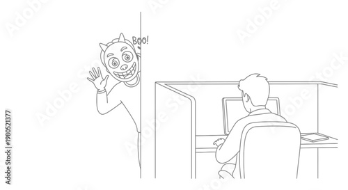 Coworker Wearing Funny Mask Surprising Colleague in Office Prank Vector Illustration