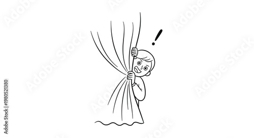 Curious Boy Peeking From Behind a Window Curtain Line Art Vector Illustration