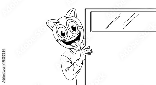 Funny Person Wearing Cartoon Animal Mask Peeking Behind Door Vector Illustration