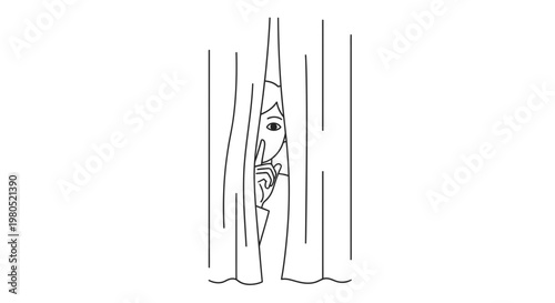 Person Hiding Behind Curtain Making Silence Gesture Minimalist Vector Illustration