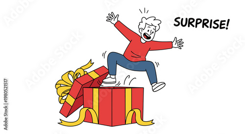 Happy Young Man Jumping Out of a Red Gift Box Surprise Vector Illustration for Birthday Celebration