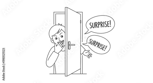 Person Hiding Behind Open Door to Give a Surprise Vector Illustration Line Art Graphic