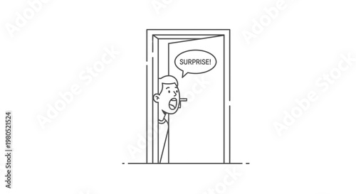 Man Hiding Behind Door and Saying Surprise Line Art Vector Illustration Design Element