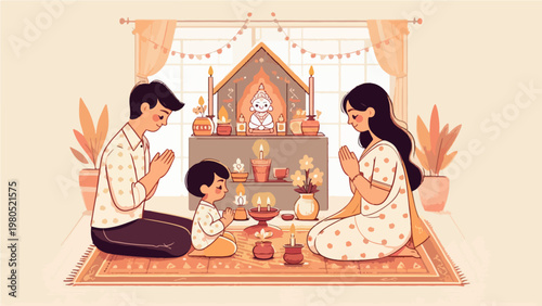 Indian Hindu Family Praying Together at Home Altar with Candles and Deity Idol, Traditional Puja Ritual Illustration