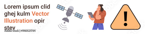 Communication, warning systems, technology reliance, data transfer, connection monitoring, problem-solving. Includes a satellite, a person holding a device and a warning icon. Communication