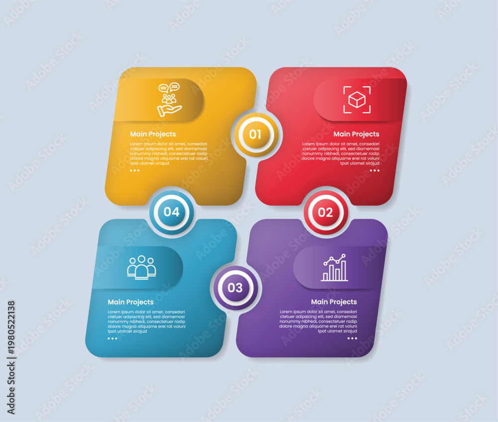 Obraz premium square base shape infographic with glossy gradient style with creative round box with circle connector puzzle jigsaw with four segment information