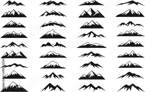 Collection of black and white stylized mountain range silhouettes mountains peak