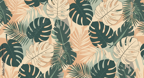 seamless pattern featuring monstera and palm leaves in a tropical jungle aesthetic with earthy tones and artistic line work.