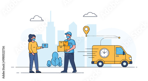 professional delivery service concept showing courier with boxes, a delivery van, and a customer receiving a package in the city.
