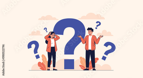 confused man and woman expressing doubt and uncertainty surrounded by large blue question marks in a minimalist flat vector style.