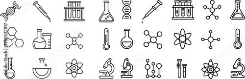 Scientific research icons with DNA molecules and laboratory equipment in a clean line style