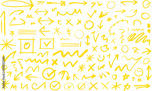 Collection of Yellow Hand Drawn Arrows and Symbols on White Background