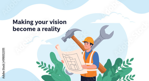 construction worker wearing a hard hat and safety vest holding architectural blueprints with a giant hammer and wrench behind.
