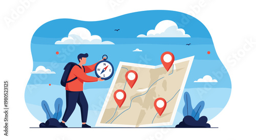 adventurous hiker holding a compass and exploring a map with multiple location pins against a scenic blue sky with clouds.