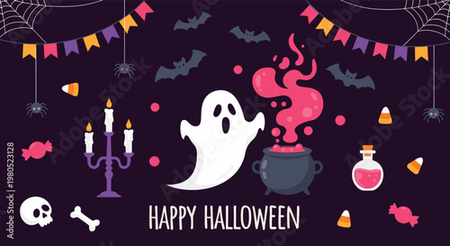spooky happy halloween background featuring a friendly ghost, a boiling cauldron with pink magic smoke, bats, and candy.