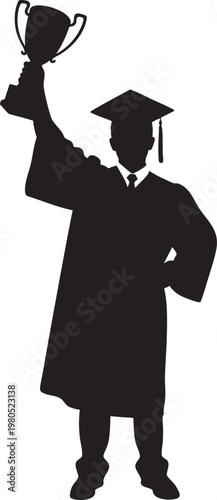 Silhouette of a graduate in a cap and gown holding up a trophy with full length, formal wear