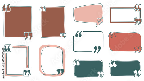 Set of colorful speech bubbles and quote frames with hand drawn outlines for social media posts in flat vector graphic style