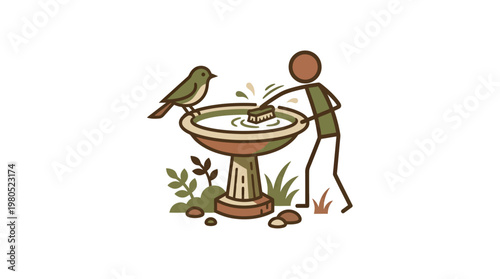 Person Cleaning Bird Bath with Bird Watching
