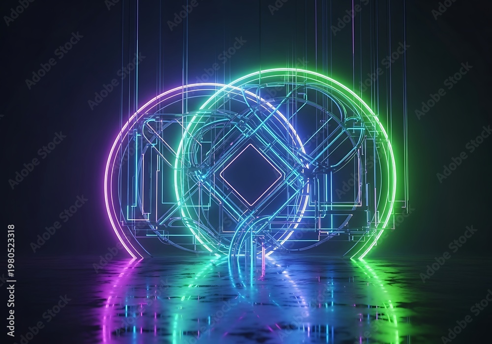 Fototapeta premium Abstract digital art of two glowing circles with neon light effect