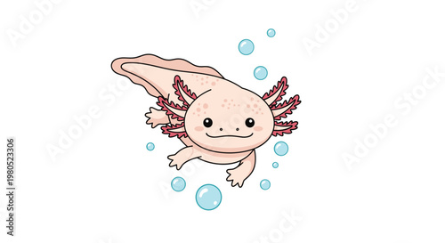 cute pink axolotl swimming in water with blue bubbles in a delightful character illustration of the unique mexican salamander.