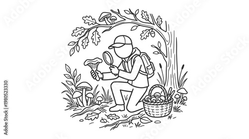 Mushroom Hunter Examining Fungus in the Forest