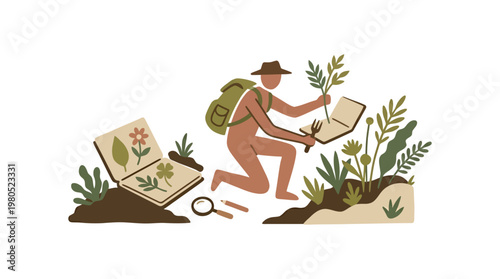 Botanist Exploring Nature with Field Guide and Plants