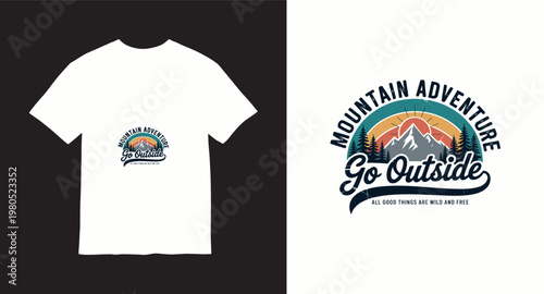 Colorful mountain adventure go outside badge design with retro sun and forest.