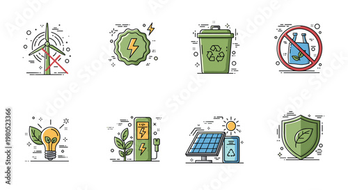 set of eco friendly and sustainable energy icons featuring wind turbines, solar panels, recycling, and green technology concepts.