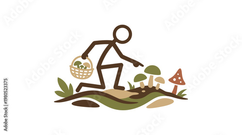 Stick Figure Collecting Mushrooms In Forest