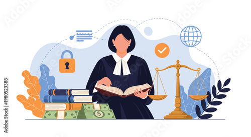 female lawyer or judge in judicial robes reading a law book with scales of justice, money, and legal documents in the background.