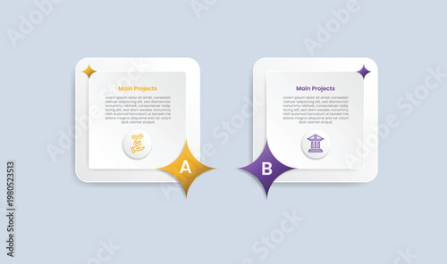 square base shape infographic with glossy gradient style with star blinking shape with double layer with two segment information