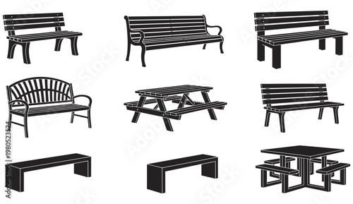 Black and white silhouette set of park benches and outdoor seating furniture including picnic tables in flat vector style