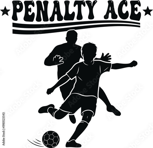 Black silhouette of two soccer players and a ball with penalty ace text