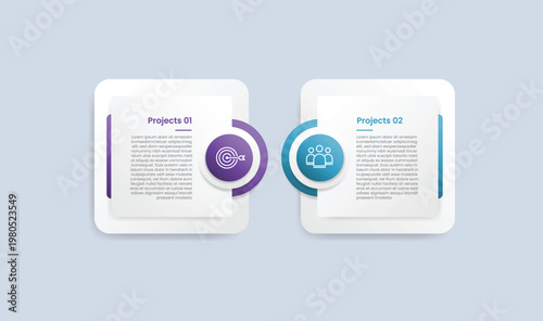 square base shape infographic with glossy gradient style with round base with circle badge on opposite position with two segment information