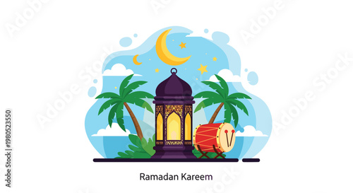 ramadan kareem greeting illustration with a traditional lantern, date palm trees, a drum, and a crescent moon in the night sky.