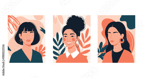 set of three artistic portraits of beautiful diverse women with abstract shapes and botanical leaves in warm terracotta tones.
