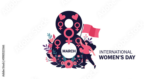 international women s day card featuring a large number eight decorated with flowers, feminist symbols, and a woman holding a flag.