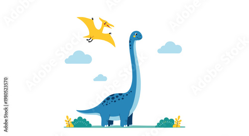 prehistoric scene featuring a large long-necked brachiosaurus and a flying yellow pterodactyl in a simple cartoon landscape.