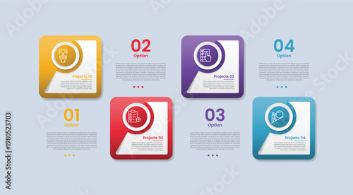 square base shape infographic with glossy gradient style with round edge with circle badge inside with half slice cut up and down horizontal wave with four segment information