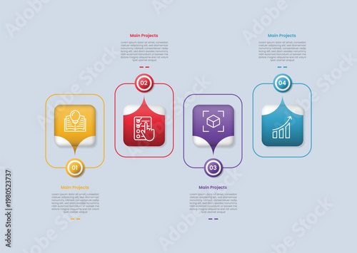 square base shape infographic with glossy gradient style with sharp arrow upside down with outline and circle badge with four segment information