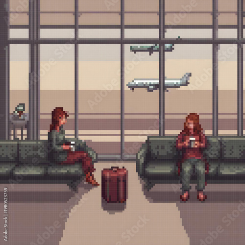Two women sitting in an airport lounge, one with a suitcase, and another with a cup. The background features planes and a window view.