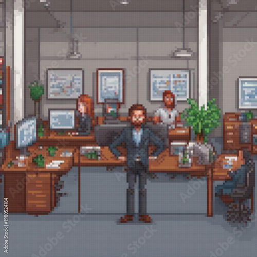 A pixel art image depicts a man standing in a cubicle with three other people, possibly in a corporate setting.