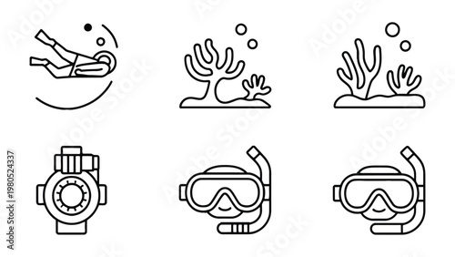Underwater Exploration Elements: A collection of meticulously crafted, minimalist line art icons that capture the essence of underwater exploration.