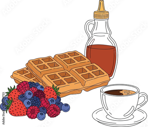 Delicious breakfast vector illustration with Belgian waffles, fresh berries, maple syrup, and a cup of black coffee, morning meal concept in flat line art style.